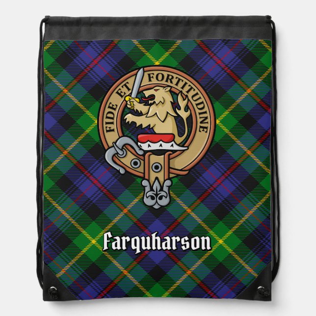 Clan Farquharson Crest over Tartan Drawstring Bag (Front)