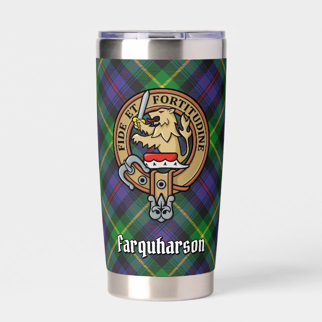 Clan Farquharson Crest over Tartan Insulated Tumbler (Front)