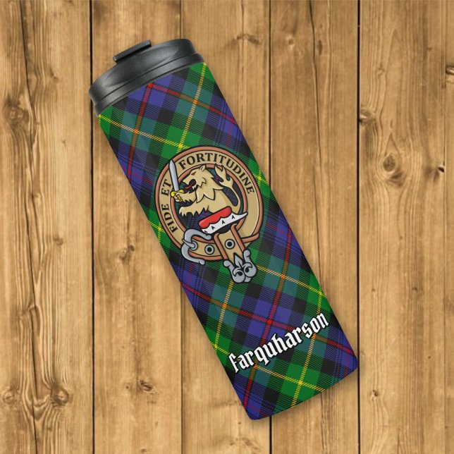 Clan Farquharson Crest over Tartan Thermal Tumbler (Creator Uploaded)