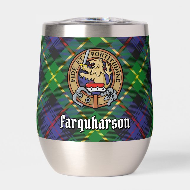 Clan Farquharson Crest over Tartan Thermal Wine Tumbler (Front)