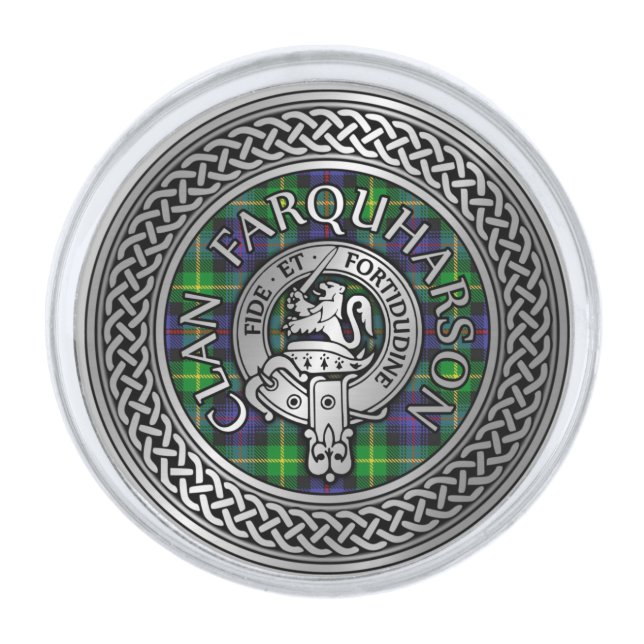 Clan Farquharson Crest & Tartan Knot Silver Finish Lapel Pin (Front)