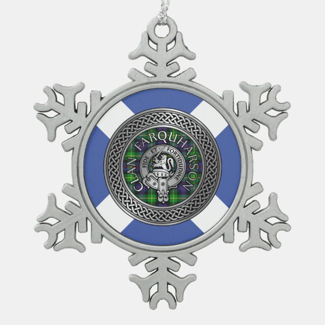 Clan Farquharson Crest & Tartan Knot Snowflake Pewter Christmas Ornament (Front)