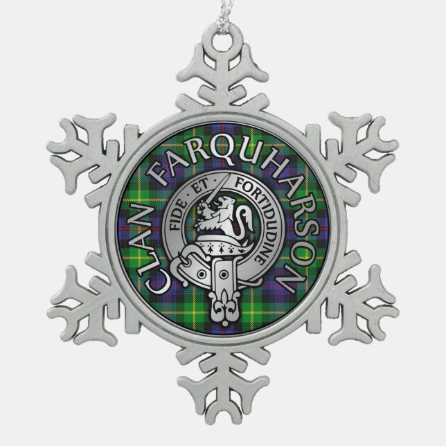 Clan Farquharson Crest & Tartan Snowflake Pewter Christmas Ornament (Front)