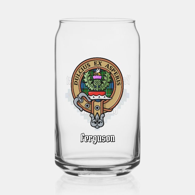 Clan Ferguson Crest over Tartan Can Glass (Front)