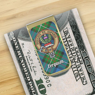 Clan Ferguson Crest over Tartan Gold Finish Money Clip