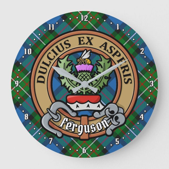 Clan Ferguson Crest over Tartan Large Clock (Front)