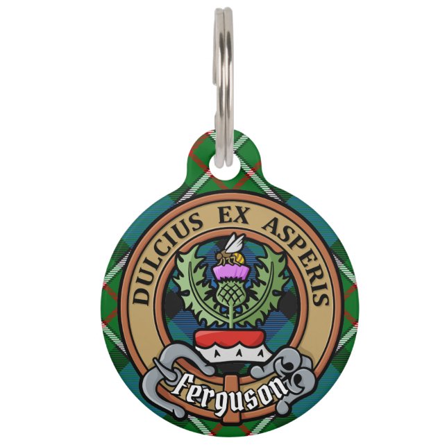 Clan Ferguson Crest over Tartan Pet ID Tag (Front)