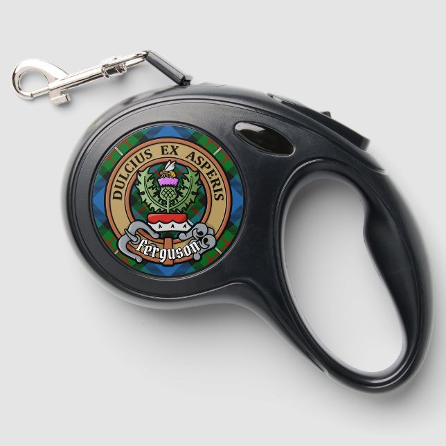 Clan Ferguson Crest over Tartan Retractable Pet Leash (Front)
