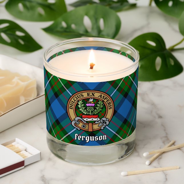 Clan Ferguson Crest over Tartan Scented Candle (Lit)