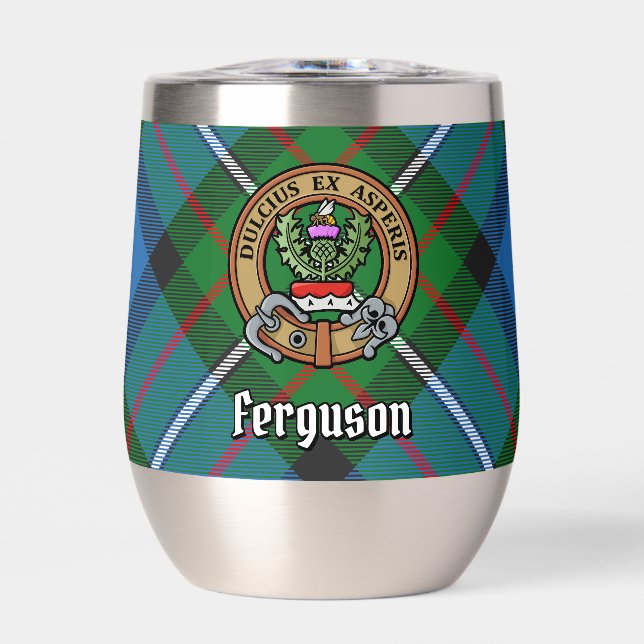 Clan Ferguson Crest over Tartan Thermal Wine Tumbler (Front)