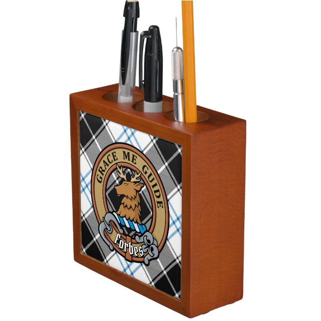 Clan Forbes Crest over Dress Tartan Desk Organizer (In Situ)