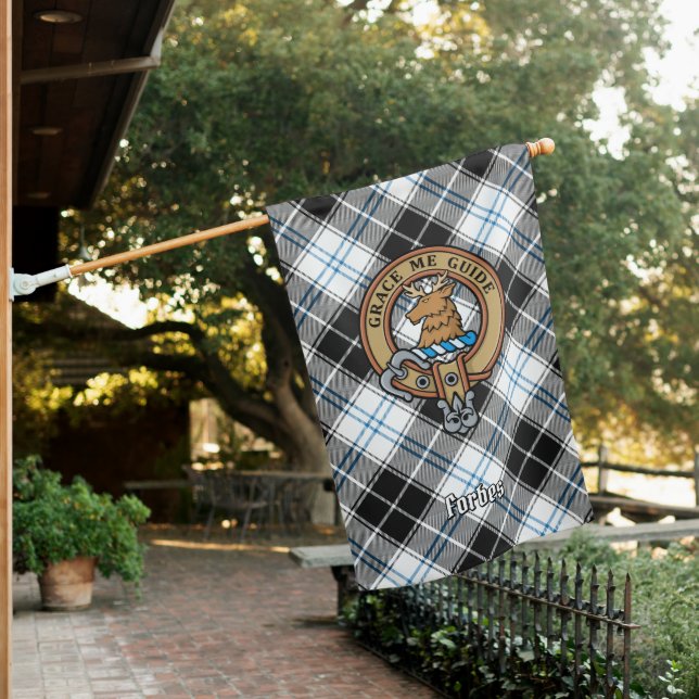 Clan Forbes Crest over Dress Tartan House Flag (In SItu)