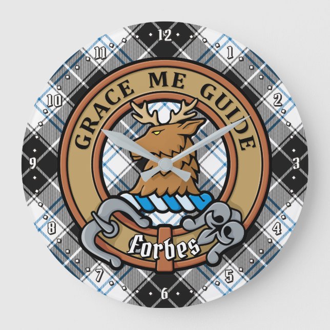 Clan Forbes Crest over Dress Tartan Large Clock (Front)