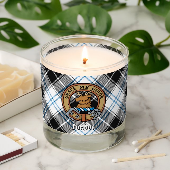 Clan Forbes Crest over Dress Tartan Scented Candle (Lit)