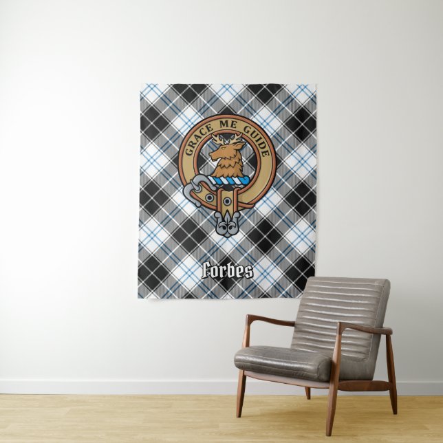 Clan Forbes Crest over Dress Tartan Tapestry (In Situ)