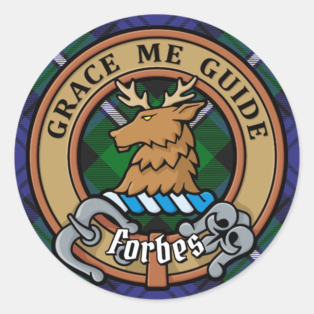Clan Forbes Crest over Tartan Classic Round Sticker (Front)