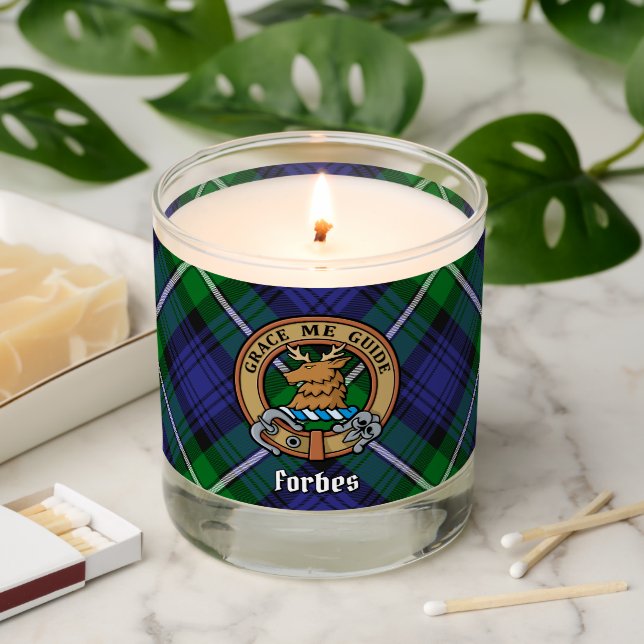 Clan Forbes Crest over Tartan Scented Candle (Lit)