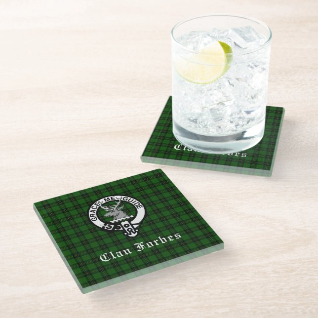 Clan Forbes Tartan and Crest Badge  Glass Coaster (Angled)