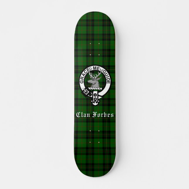 Clan Forbes Tartan and Crest Badge  Skateboard (Front)