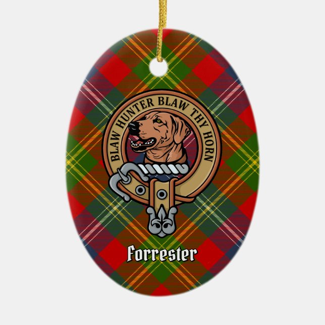 Clan Forrester Crest over Tartan Ceramic Ornament (Front)
