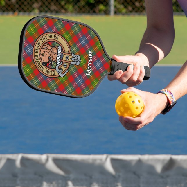 Clan Forrester Crest over Tartan Pickleball Paddle (Insitu)