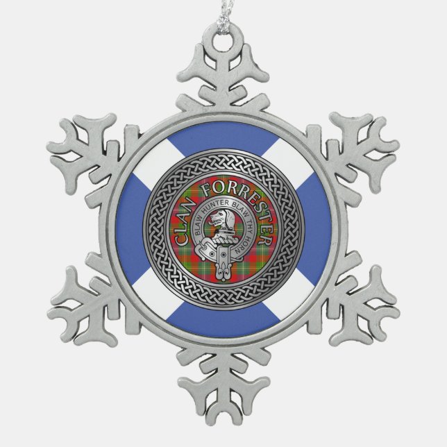 Clan Forrester | Foster Crest & Tartan Knot Snowflake Pewter Christmas Ornament (Front)