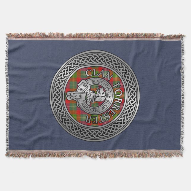 Clan Forrester | Foster Crest & Tartan Knot Throw Blanket (Front)