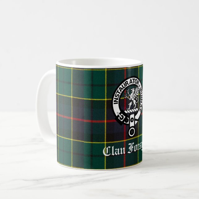 Clan Forsyth Crest Badge and Tartan Coffee Mug (Front Left)