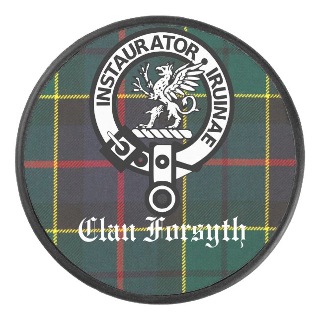 Clan Forsyth Crest Badge and Tartan Hockey Puck (Front)