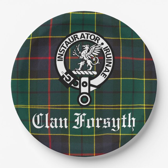 Clan Forsyth Crest Badge & Tartan Customizable Paper Plates (Front)