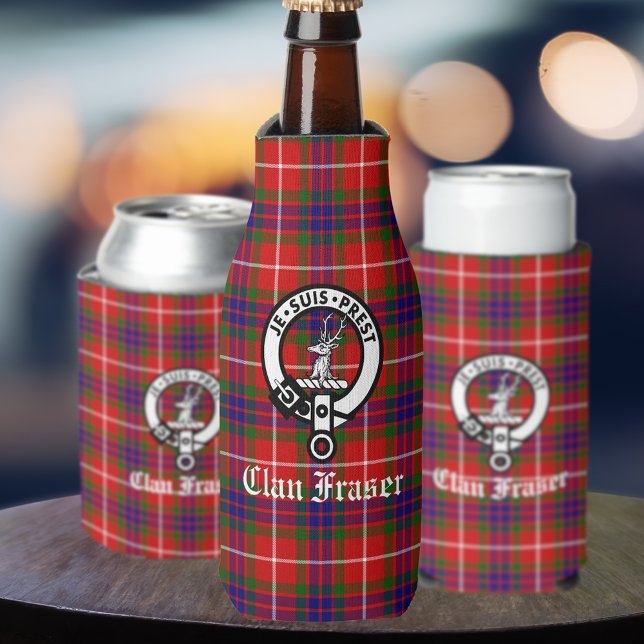 Clan Fraser Crest Badge and Tartan  Bottle Cooler (Also available for standard and  seltzer cans.)