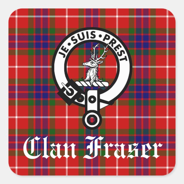Clan Fraser Crest Badge and Tartan Square Sticker (Front)