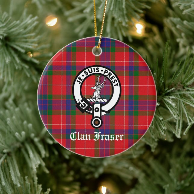 Clan Fraser Crest Badge & Tartan Customizable Ceramic Ornament (Tree)