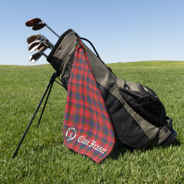 Clan Fraser Crest Badge & Tartan Customizable  Golf Towel (Green)