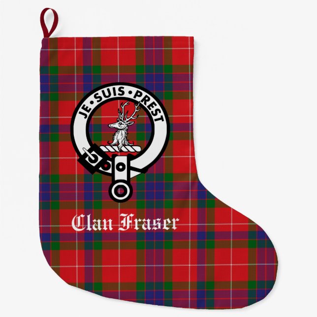 Clan Fraser Crest Badge & Tartan Customizable Large Christmas Stocking (Front)