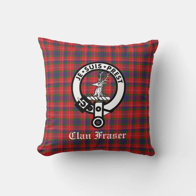 Clan Fraser Crest Badge & Tartan  Throw Pillow (Front)