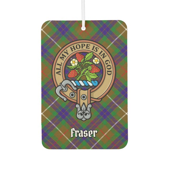 Clan Fraser Crest over Hunting Tartan Air Freshener (Front)