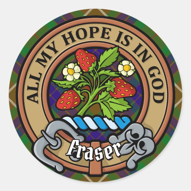 Clan Fraser Crest over Hunting Tartan Classic Round Sticker (Front)