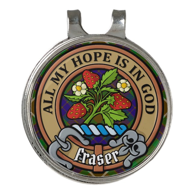 Clan Fraser Crest over Hunting Tartan Golf Hat Clip (Front)