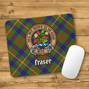Clan Fraser Crest over Hunting Tartan Mouse Pad