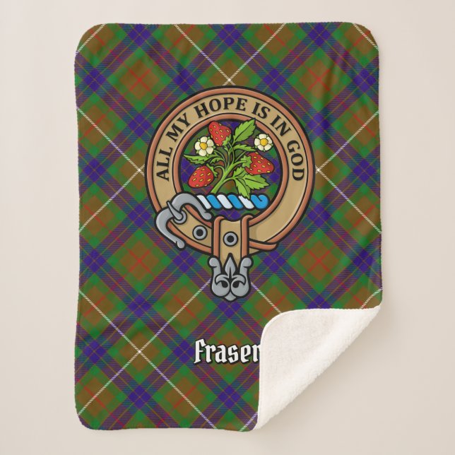 Clan Fraser Crest over Hunting Tartan Sherpa Blanket (Front)