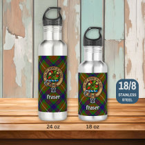 Clan Fraser Crest over Hunting Tartan Stainless Steel Water Bottle