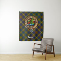 Clan Fraser Crest over Hunting Tartan Tapestry