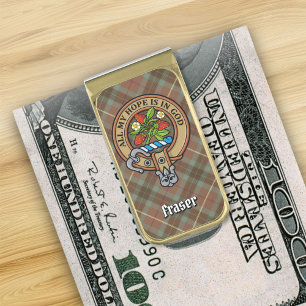 Clan Fraser Crest over Hunting Weathered Tartan Gold Finish Money Clip