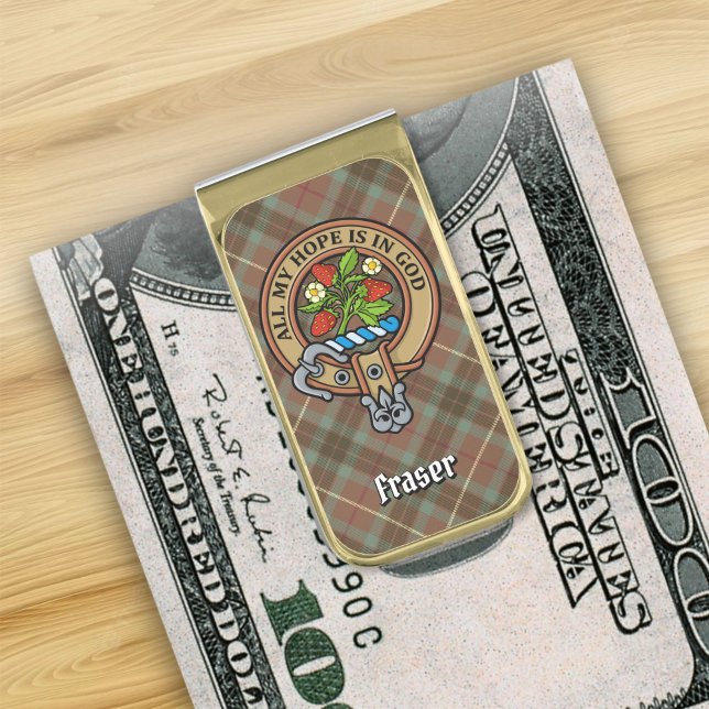 Clan Fraser Crest over Hunting Weathered Tartan Gold Finish Money Clip (Creator Uploaded)