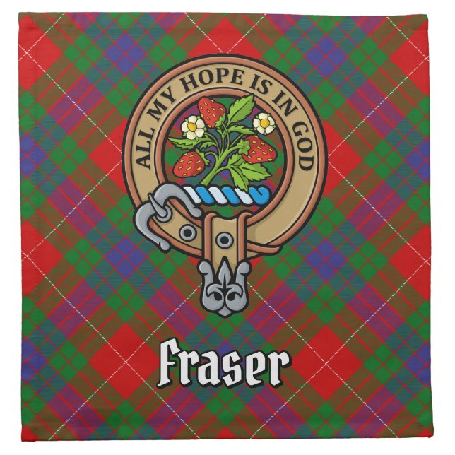 Clan Fraser Crest over Tartan Cloth Napkin (Front)