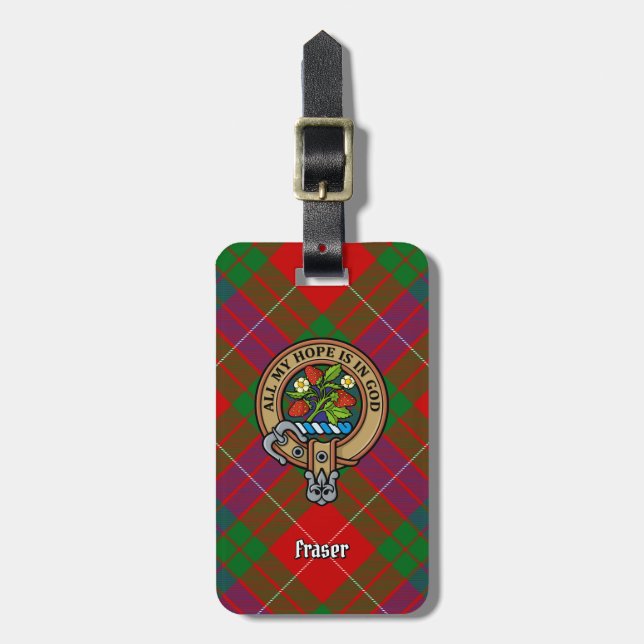 Clan Fraser Crest over Tartan Luggage Tag (Front Vertical)