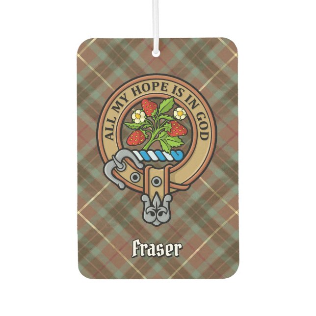 Clan Fraser Crest over Weathered Hunting Tartan Air Freshener (Front)
