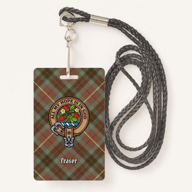 Clan Fraser Crest over Weathered Hunting Tartan Badge (Front with Lanyard)