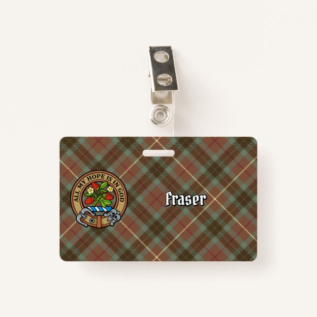 Clan Fraser Crest over Weathered Hunting Tartan Badge (Front with Clip)